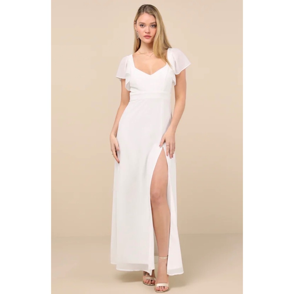 Lulus Simply Delightful White Tie-Back Flutter Sleeve Maxi Dress Bridal‎ XL NEW